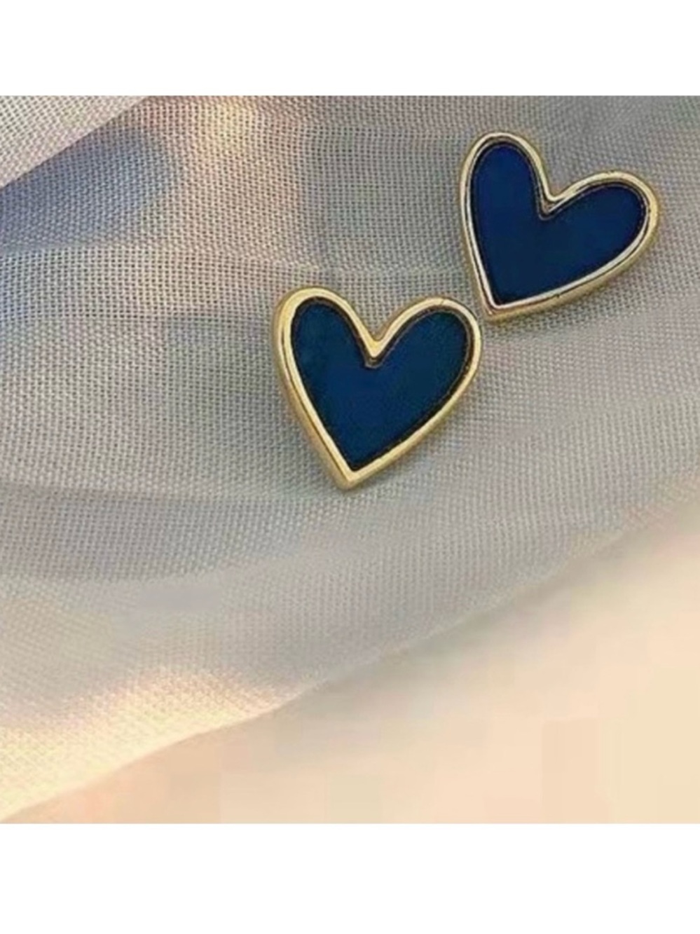 Navy Heart Stud Earrings with Gold Trim - Picture 2 of 9